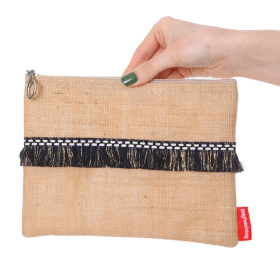 Siyah İp Püsküllü Jüt Clutch Bez Çanta
