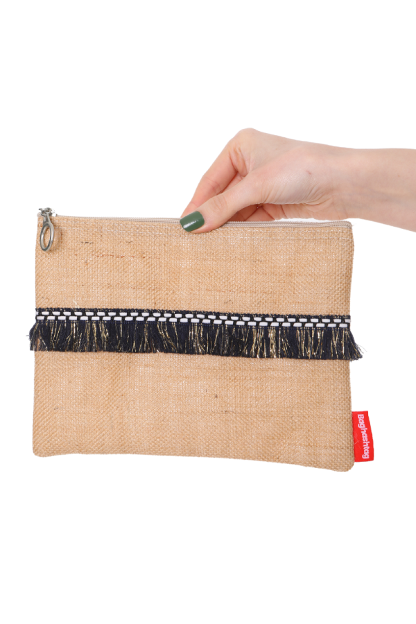 Siyah İp Püsküllü Jüt Clutch Bez Çanta