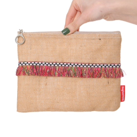 Kırmızı İp Püsküllü Jüt Clutch Bez Çanta