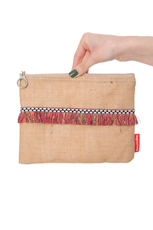 Kırmızı İp Püsküllü Jüt Clutch Bez Çanta
