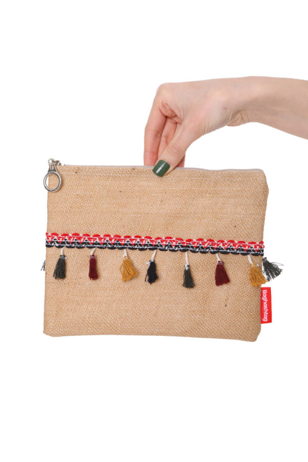 Vintage Pon Pon Püsküllü Jüt Clutch Bez Çanta