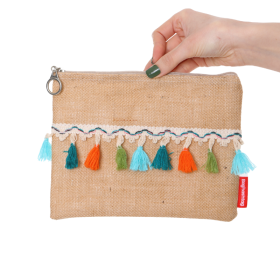 Renkli Pon Pon Püsküllü Jüt Clutch Bez Çanta
