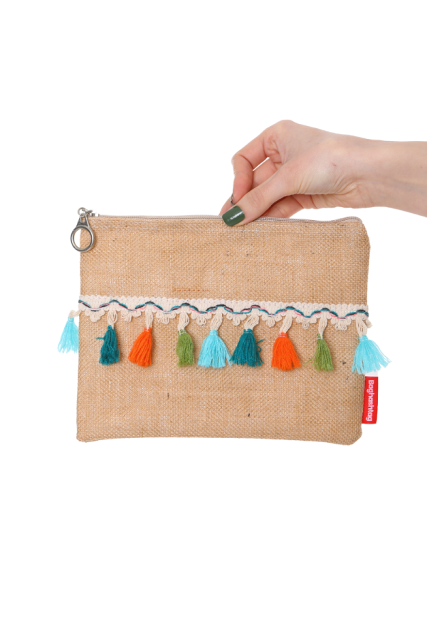 Renkli Pon Pon Püsküllü Jüt Clutch Bez Çanta